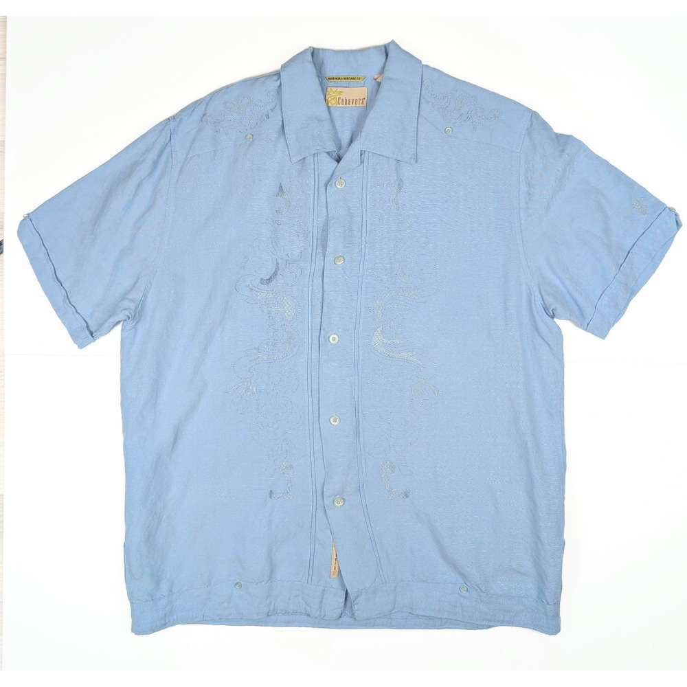 Cubavera Herencia Heritage Fit Blue Button S/Sleeve Guayabera‎ Men's Size L NWOT